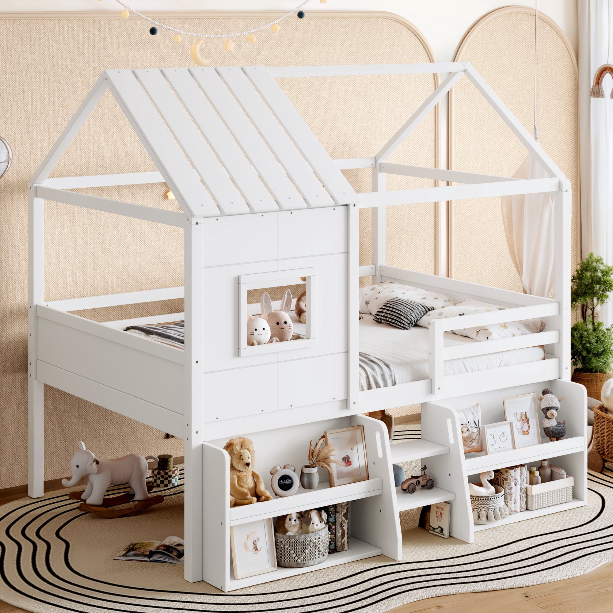 Leumius Full Size Loft Bed with Storage Shelves and Stairs, House Loft Bed with Playhouse Shape Roof and Window, Childlike and No Box Spring Needed Design, White