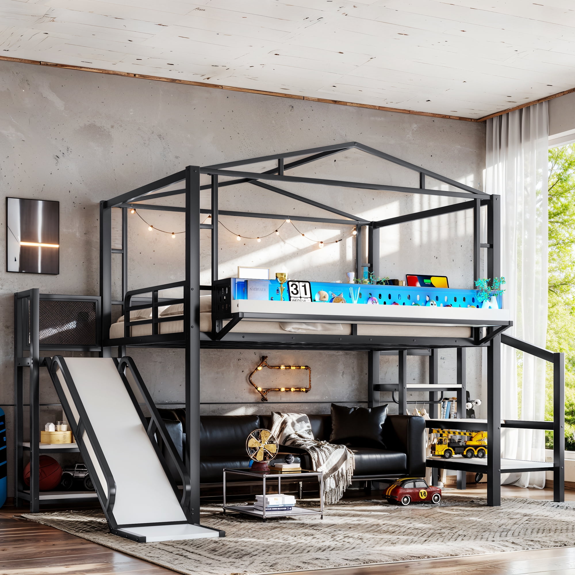 Leumius Full Size Loft Bed with Storage Stairs, Metal Loft Bed Frame with Built-in Wardrobe,Storage Shelves,USB Ports and LED Lights,Noise-reduced Design,Black
