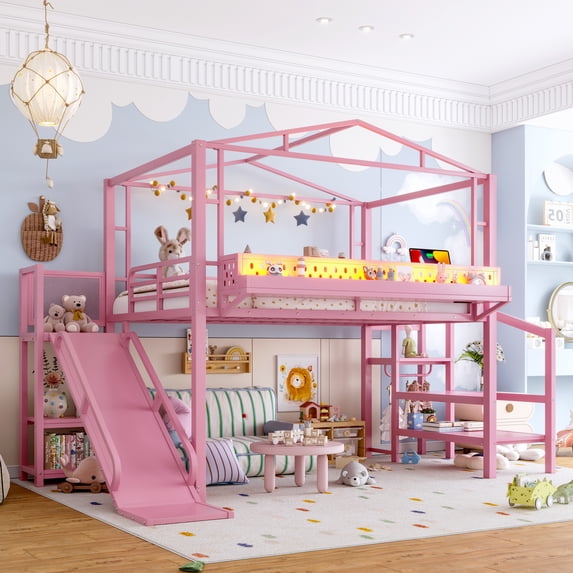 Leumius Full Size Loft Bed with Storage Stairs, Metal Loft Bed Frame with Built-in Wardrobe,Storage Shelves,USB Ports and LED Lights,Noise-reduced Design,Pink