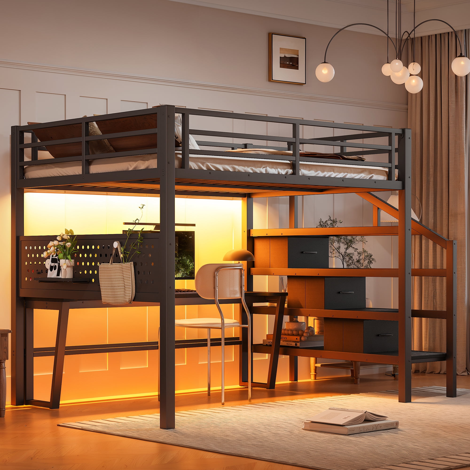 Leumius Full Size Loft Bed with Storage Stairs and Movable Desk with USB,Metal Loft Bed Frame with 3 Fabric Drawers and LED, Full-Length Guardrail and Pegboard,Black