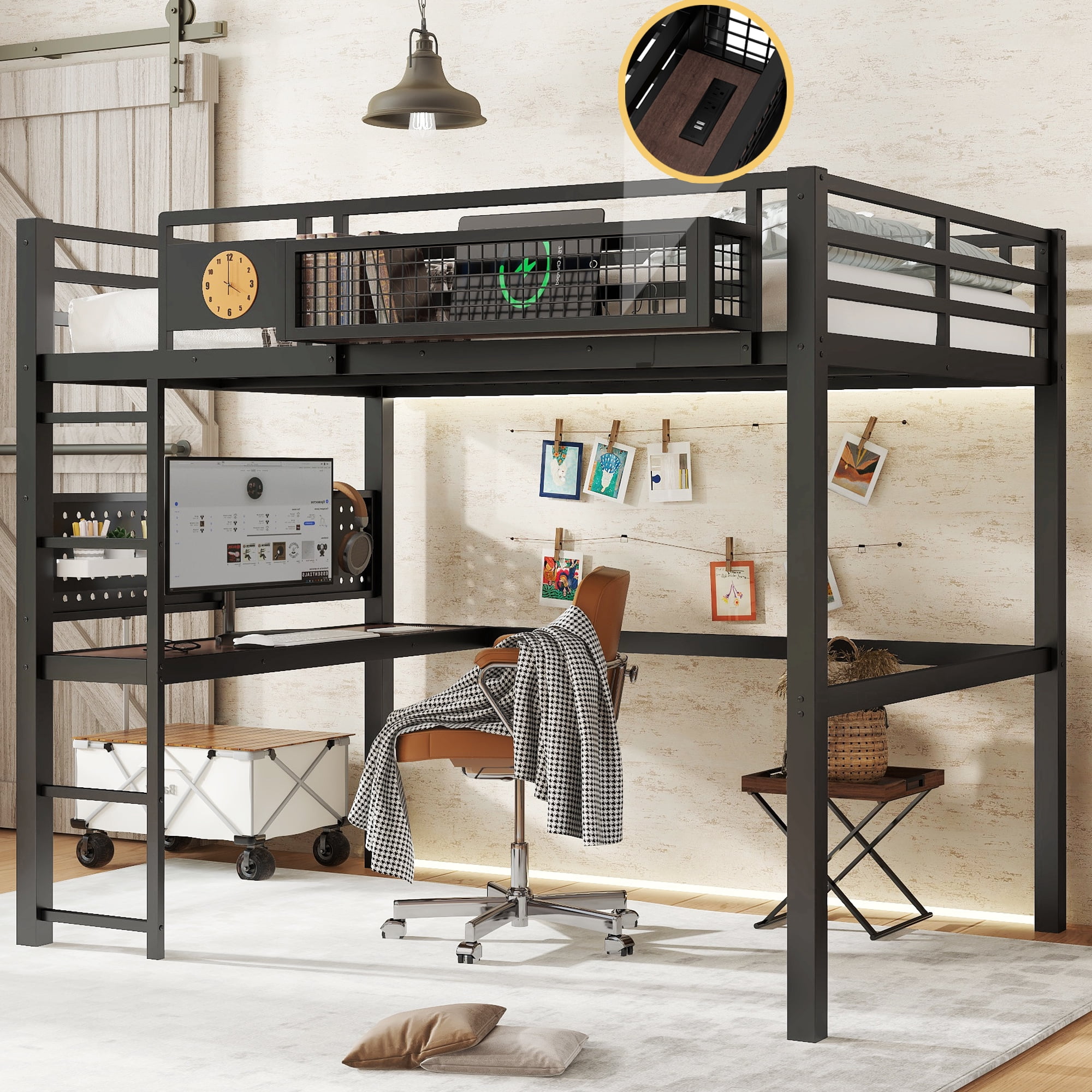 Leumius Full Size Loft Bed with Desk,Metal Loft Bed Frame with Charging Port,Clock and Storage Basket,Black
