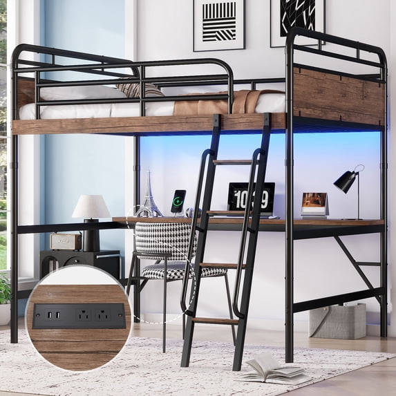 Leumius Full Size Loft Bed with Desk, Metal Loft Bed with LED Light and ...