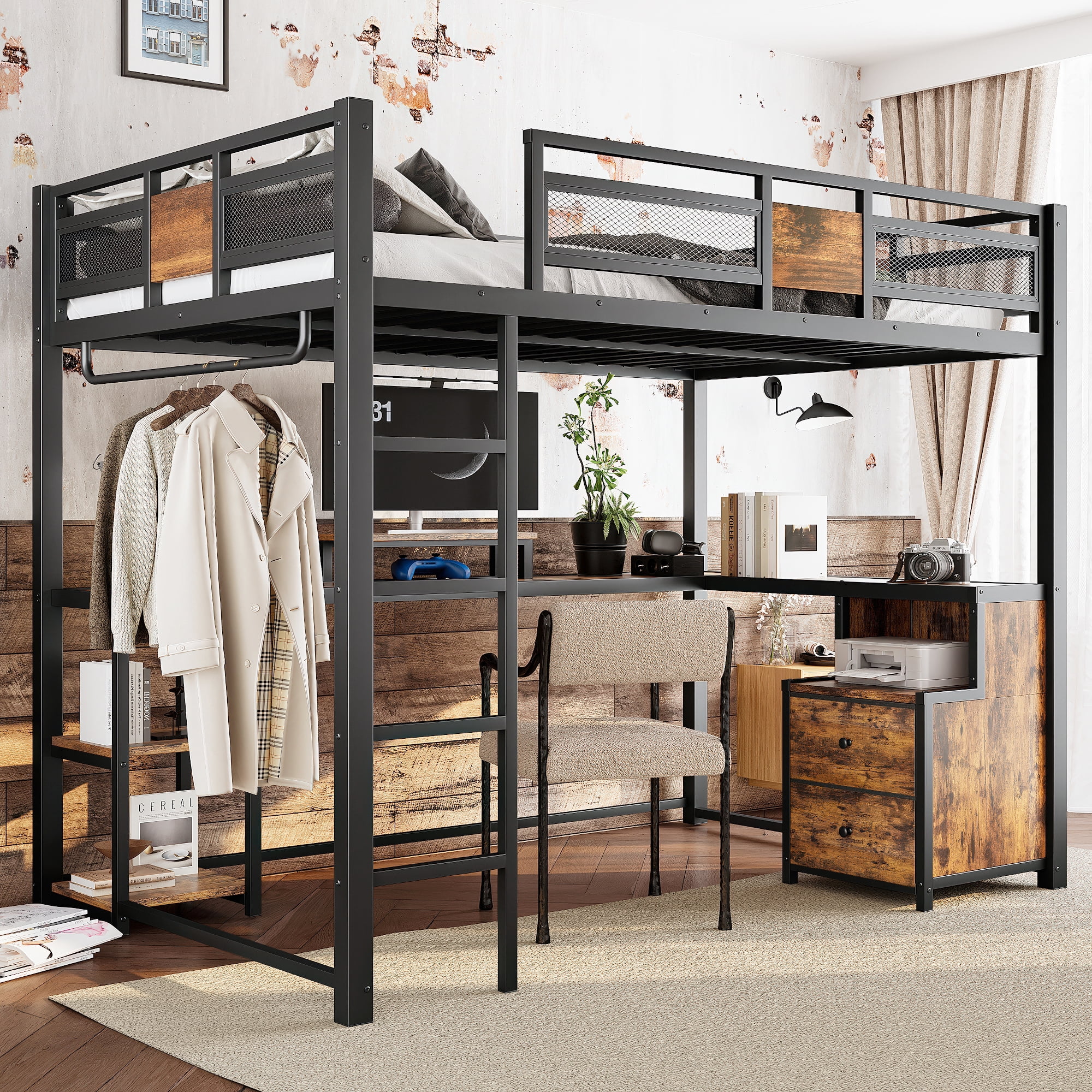 Leumius Full Size Loft Bed with Desk and Storage Drawers,Industrial Style Metal Loft Bed Frame with Ladders,Space-Saving/Noise Reduced,Black