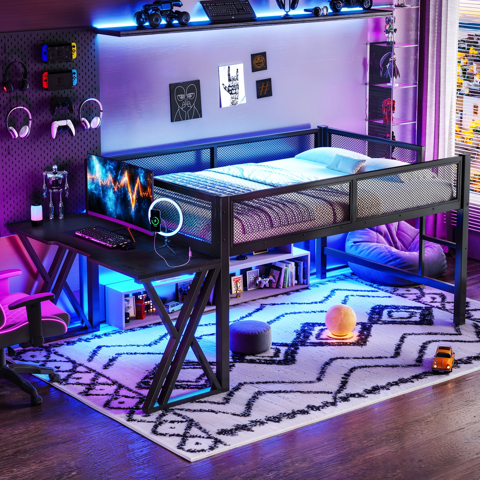 Leumius Full Size Loft Bed with Gaming Desk,Metal Loft Bed Frame with Full Length Guardrail,LED Lights and USB Ports,Space-Saving,Black