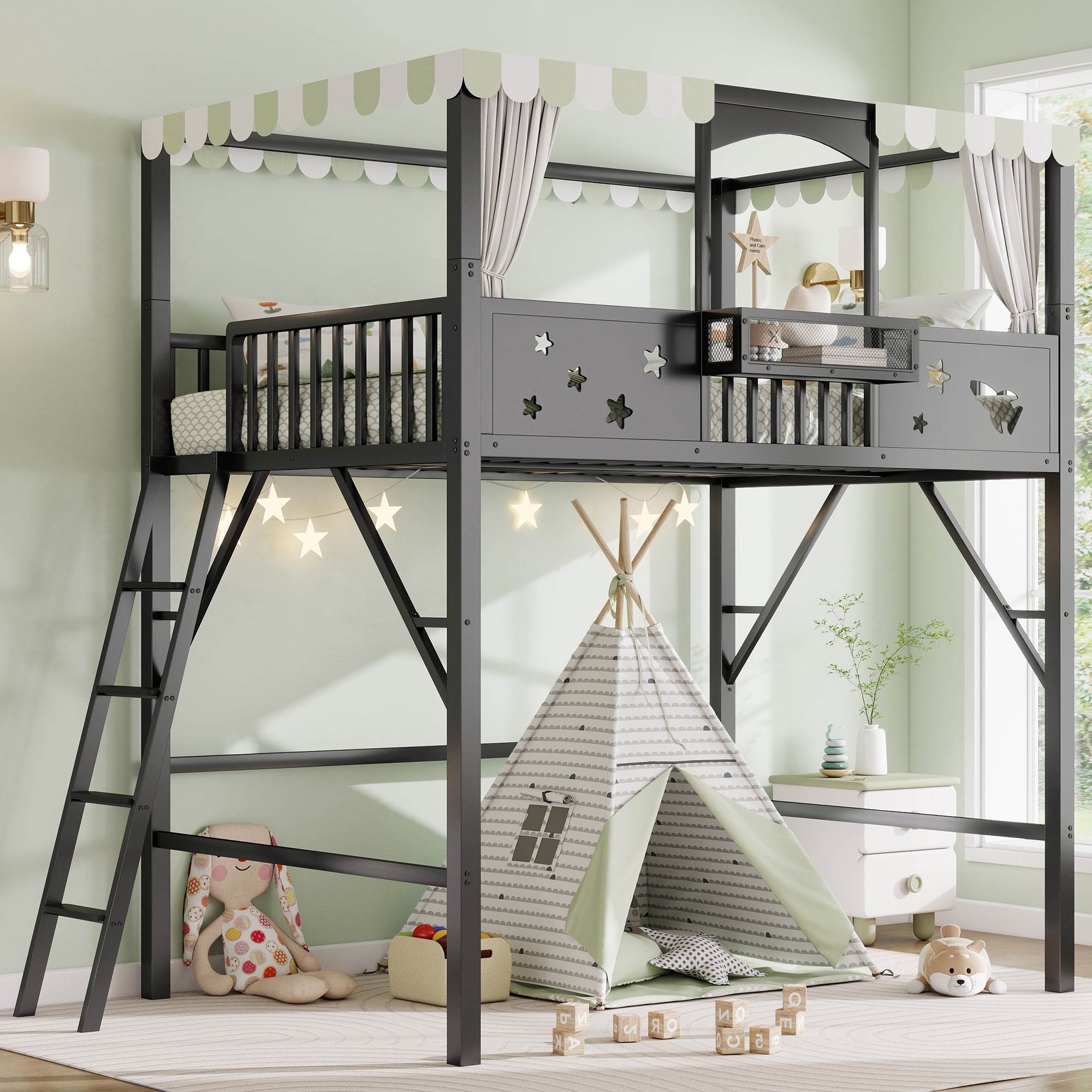 Leumius Full Size Loft Bed with Ladder and Storage Shelves,Metal High Loft Bed for Bedroom,Black