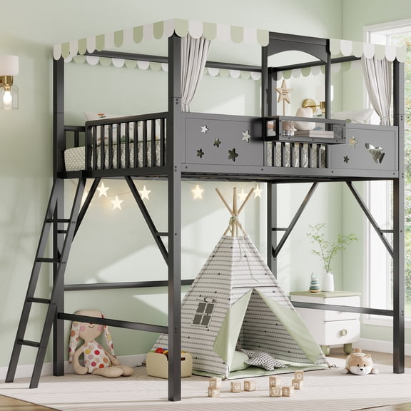 Leumius Full Size Loft Bed with Ladder and Storage Shelves,Metal High Loft Bed for Bedroom,Black