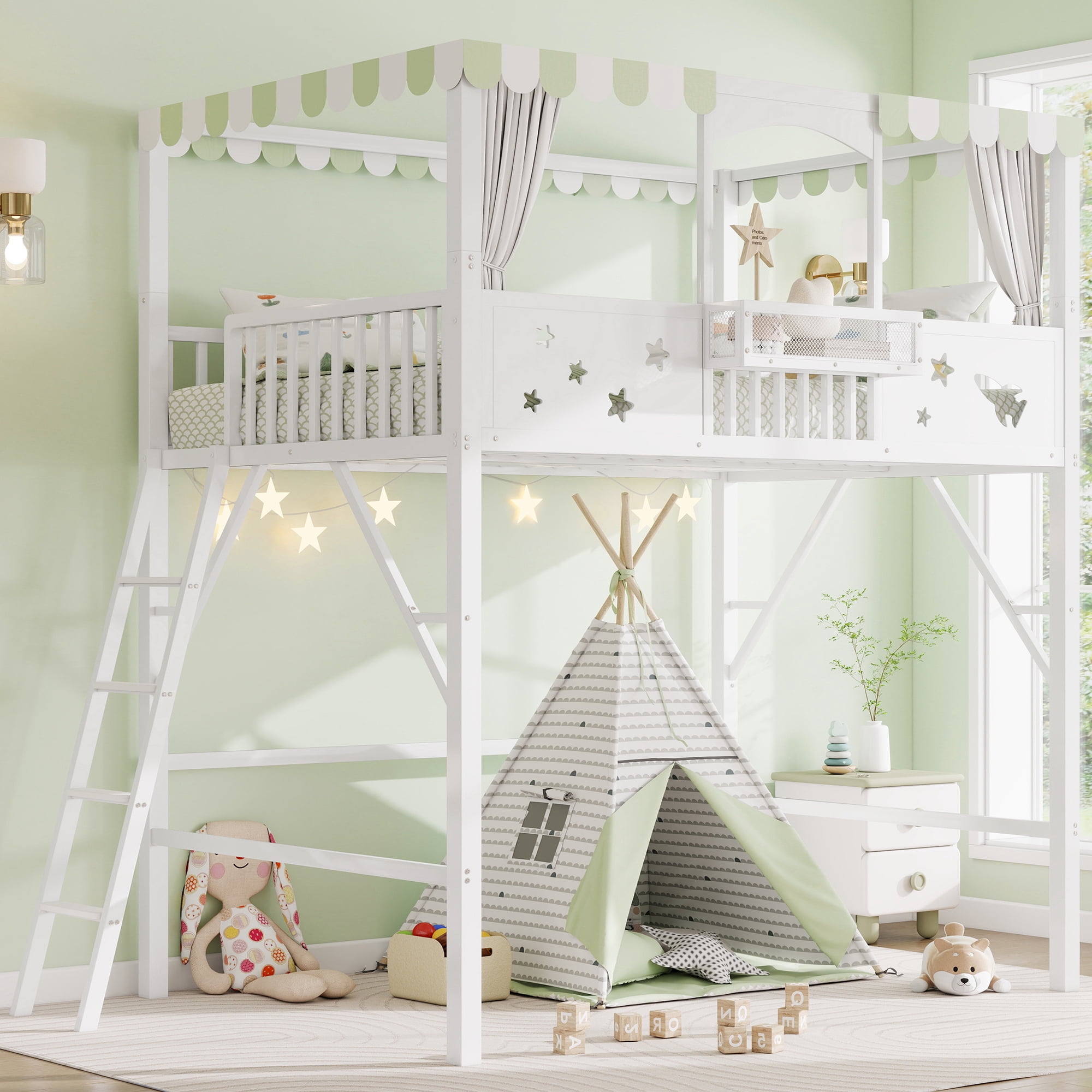 Leumius Full Size Loft Bed with Ladder and Storage Shelves,Metal High Loft Bed for Bedroom,White