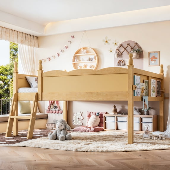 Leumius Full Size Loft Bed with Ladders and Beside Book Shelf,Solid Wood Low Loft Bed with Full-Length Guardrails,Natural
