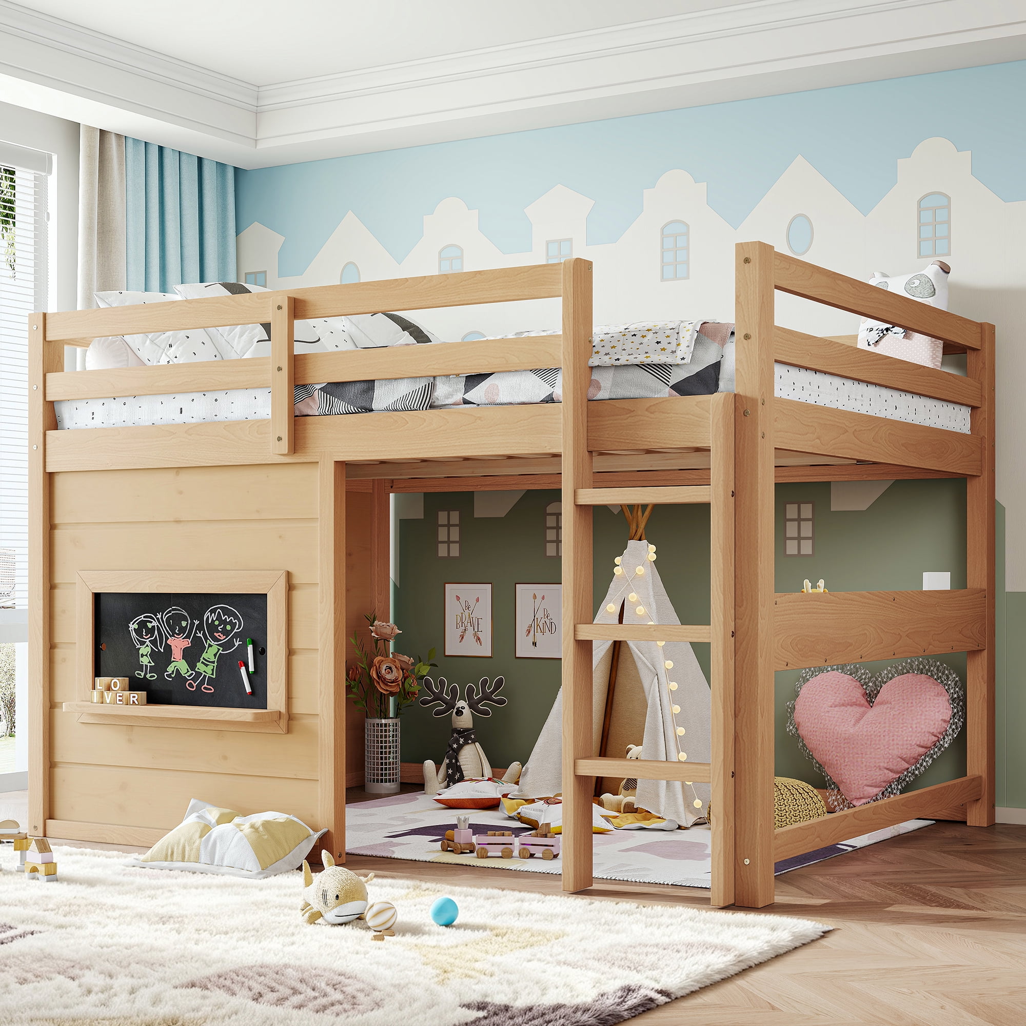Leumius Full Size Loft Bed with Storage Shelves,Solid Wood Low Loft Bed Frame with Chalkboard and Bookshelf,Space Saving,Light Natural