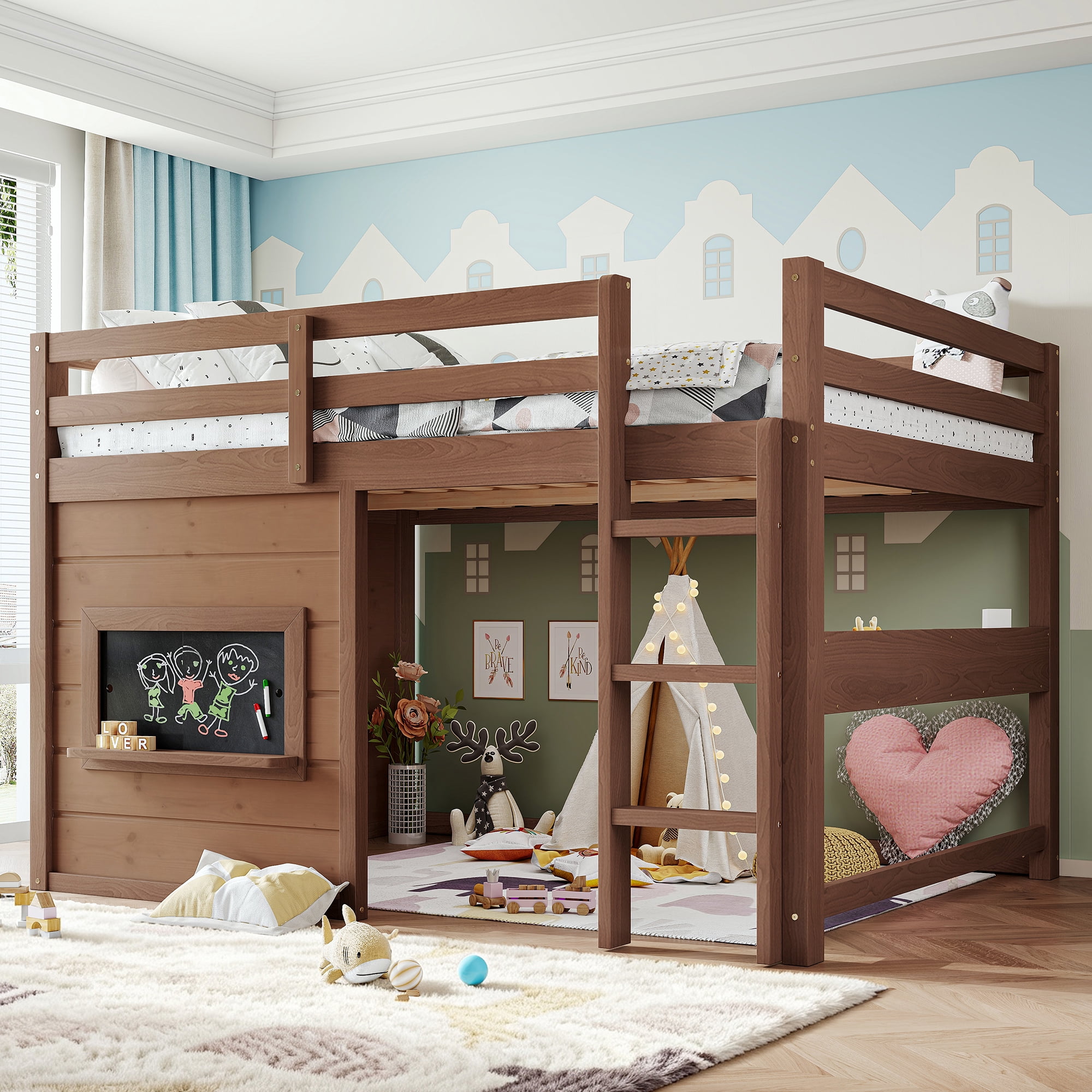 Leumius Full Size Loft Bed with Storage Shelves,Solid Wood Low Loft Bed Frame with Chalkboard and Bookshelf,Space Saving,Natural