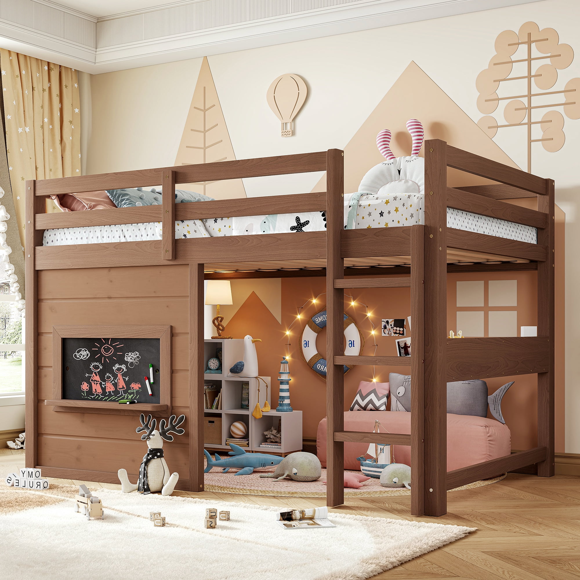 Leumius Full Size Loft Bed with Storage Shelves,Solid Wood Low Loft Bed Frame with Chalkboard and Bookshelf,Space Saving,White