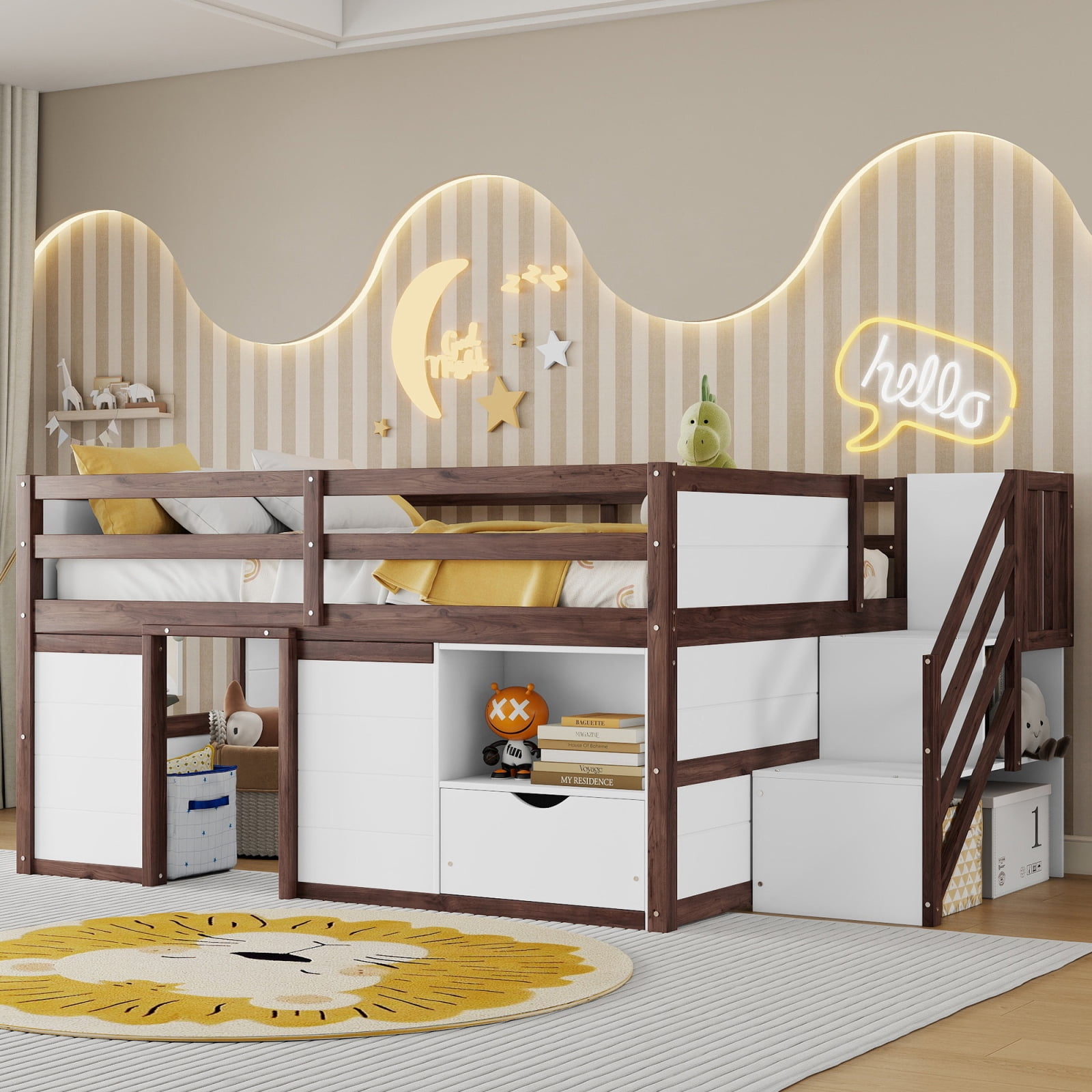 Leumius Full Size Loft Bed with Storage Stairs and Storage Drawers,Solid Wood Bed Frame with Large Under-Bed Space,Walnut White