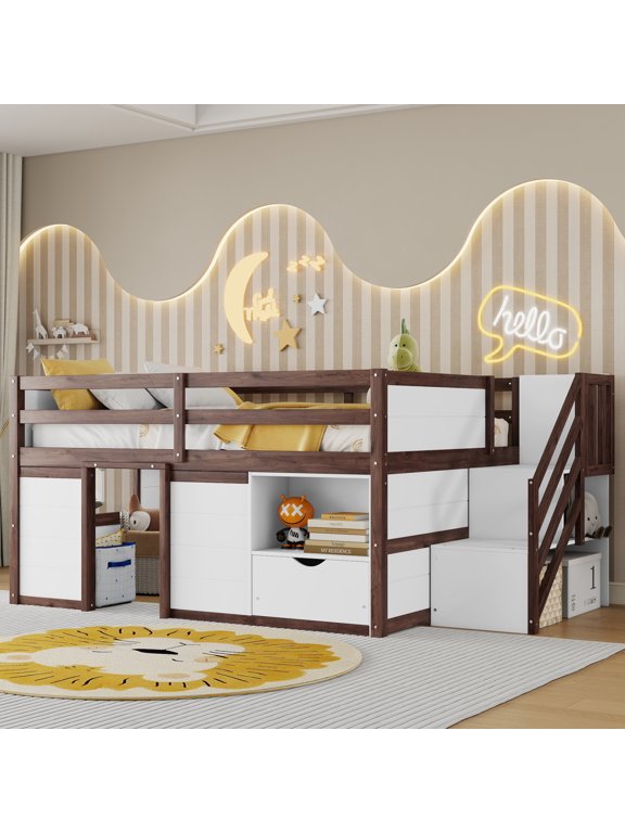 Full Size Loft Bed with Storage Stairs and Storage Drawers,Solid Wood Bed Frame with Large Under-Bed Space,Walnut White