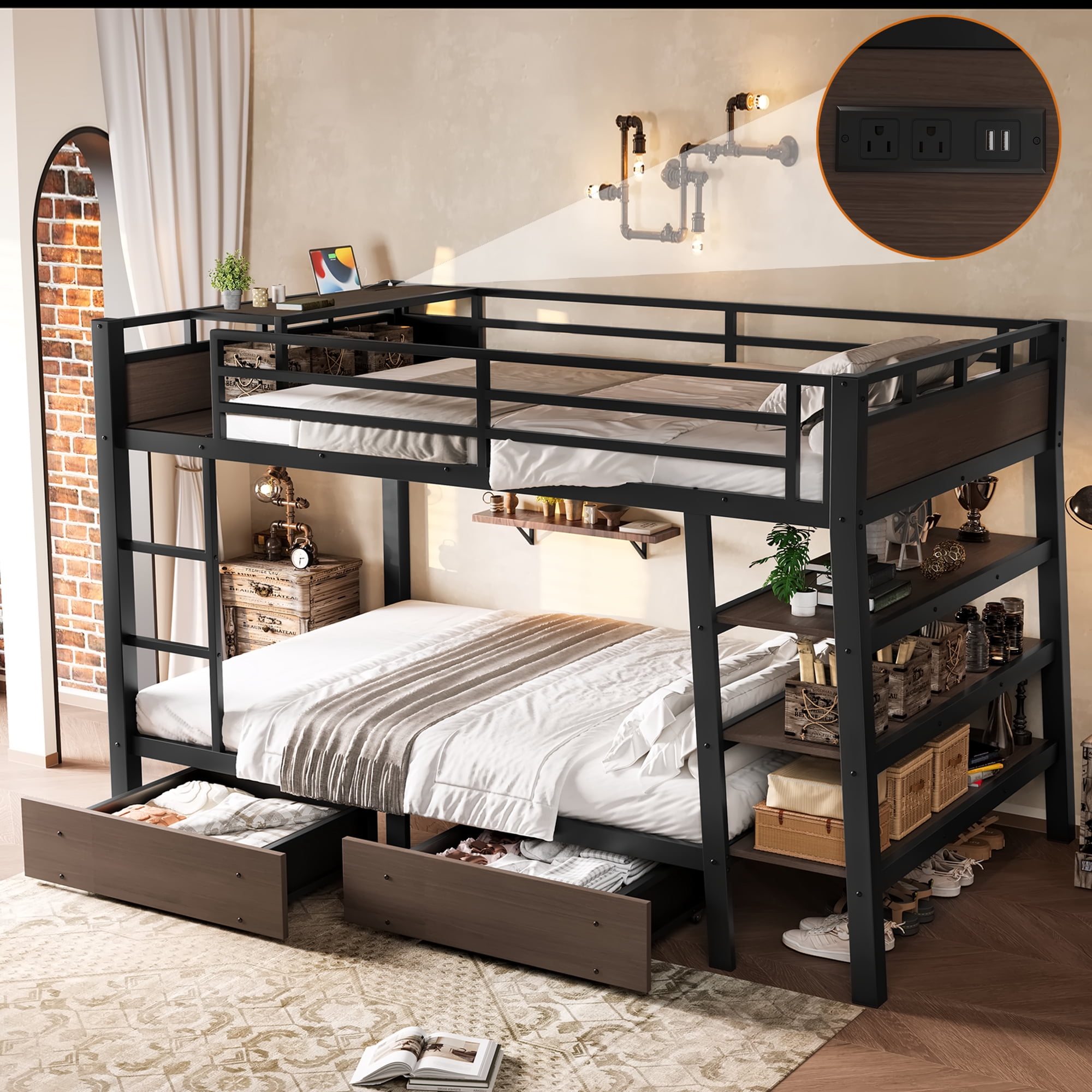 Leumius Full Size Metal Bunk Bed with 2 Storage Drawer,Heavy Duty Metal Bed Frame with Storage Shelves , LED light Strip and USB Power Strip,Black