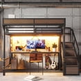 thumbnail image 1 of Leumius Full Size Metal Loft Bed with Built-in Desk & Power Outlet, LED Strip, Industrial Metal Loft Bed Frame with Pegboard & Mesh Storage Baskets, Storage Stairs with Wardrobe, Black, 1 of 9