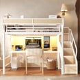 thumbnail image 1 of Leumius Full Size Metal Loft Bed with Built-in Desk & Power Outlet, LED Strip, Industrial Metal Loft Bed Frame with Pegboard & Mesh Storage Baskets, Storage Stairs with Wardrobe, White, 1 of 9