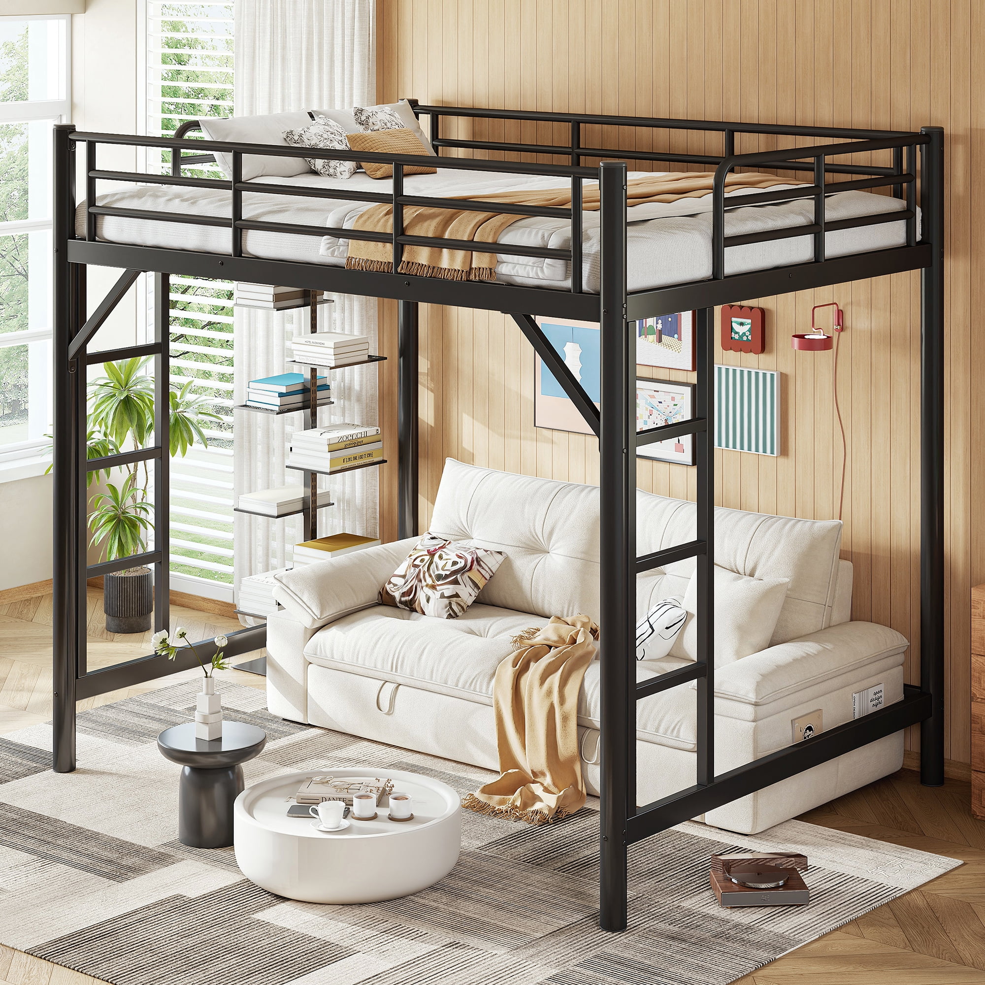 Leumius Full Size Metal Loft Bed,Heavy Duty Metal Bed Frame with 2 Ladders and Full-Length Guardrail,Sturdy Steel Slats Support,