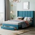 thumbnail image 1 of Leumius Full Size Platform Bed with A Storage Drawer,Velvet Upholstered Bed Frame with Wingback Vertical Channel Tufted Headboard,Blue, 1 of 8