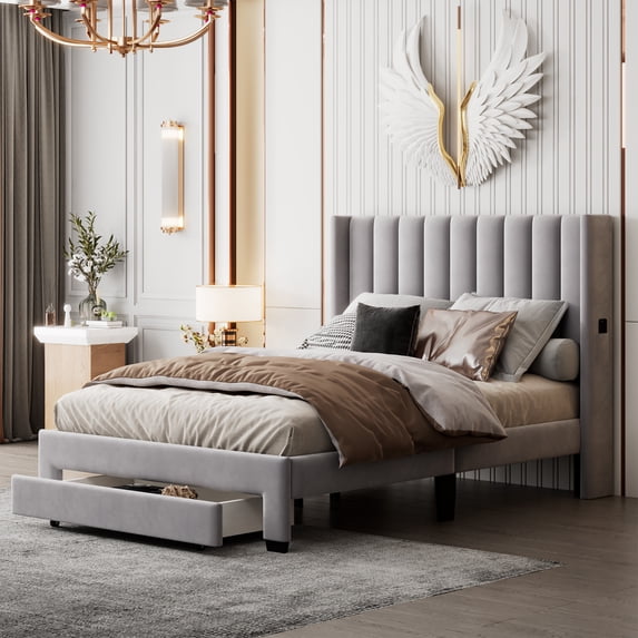 Leumius Full Size Platform Bed with A Storage Drawer,Velvet Upholstered Bed Frame with Wingback Vertical Channel Tufted Headboard,Gray