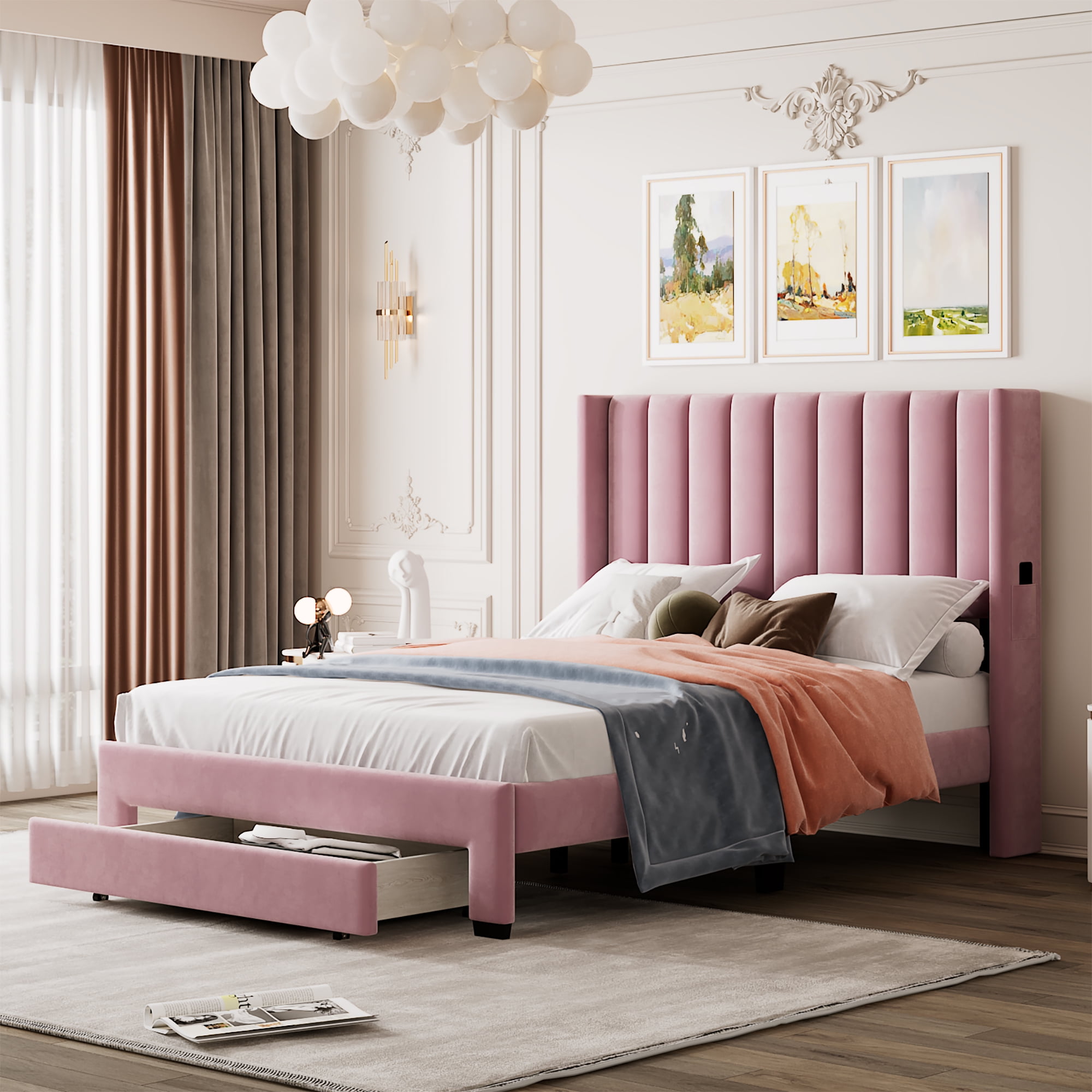 Leumius Full Size Platform Bed with A Storage Drawer,Velvet Upholstered Bed Frame with Wingback Vertical Channel Tufted Headboard,Pink