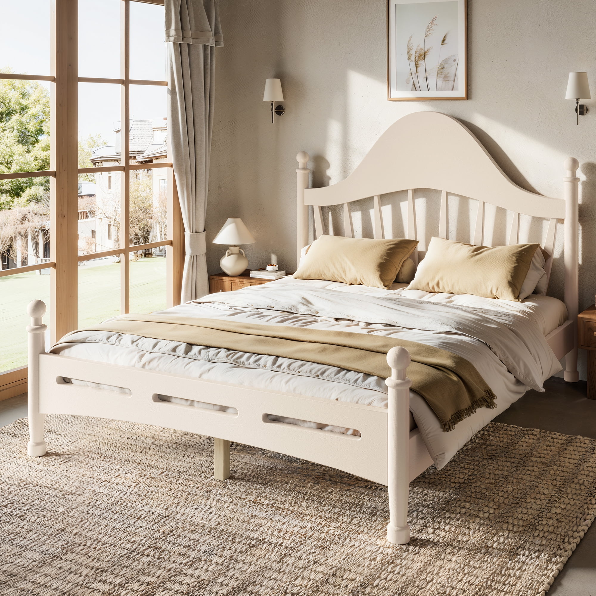 Leumius Full Size Platform Bed with Chic Headboard, Solid Wood Bed Frame with Slatted Support, Low to Ground Design for Bedroom Beige
