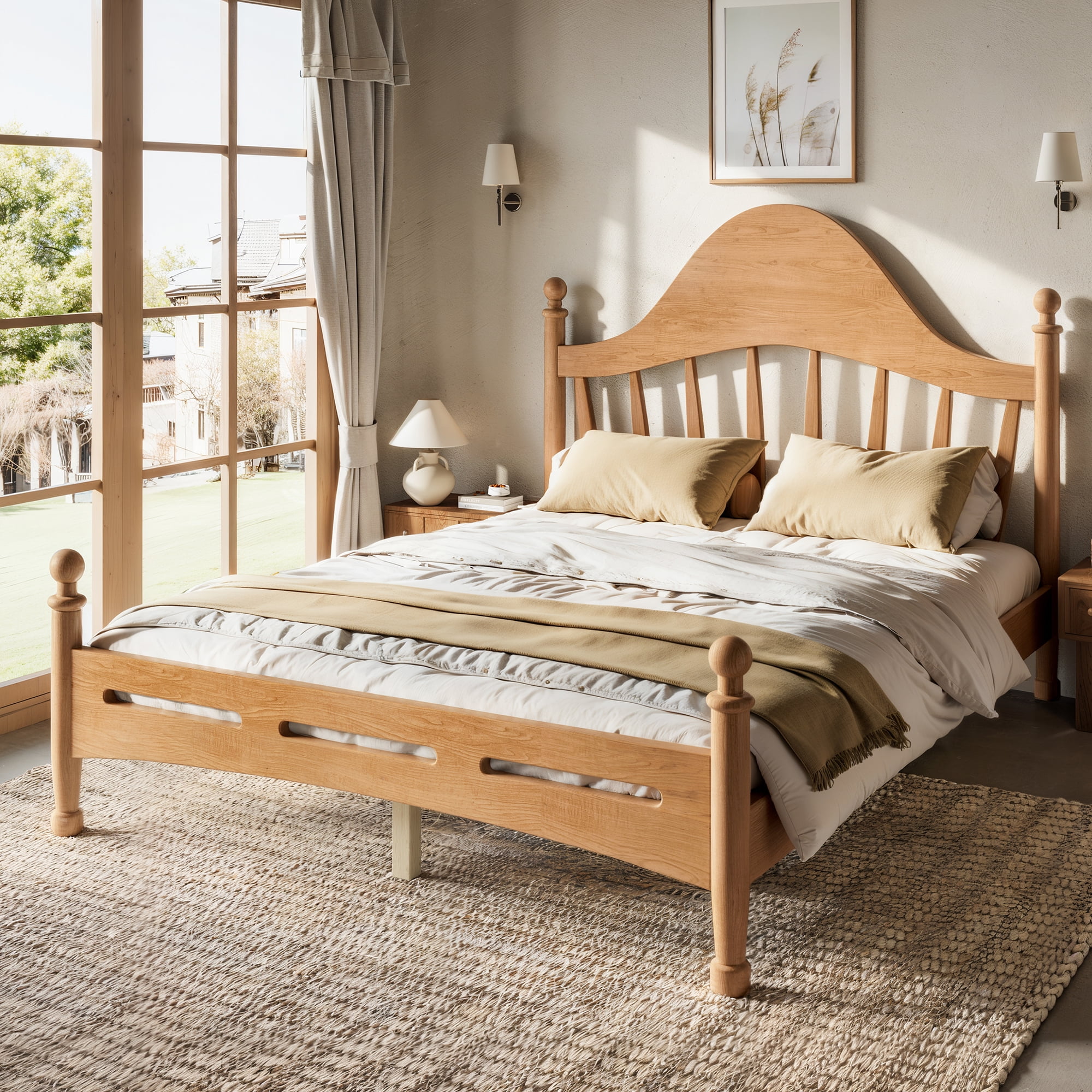 Leumius Full Size Platform Bed with Chic Headboard, Solid Wood Bed Frame with Slatted Support, Low to Ground Design for Bedroom Natural