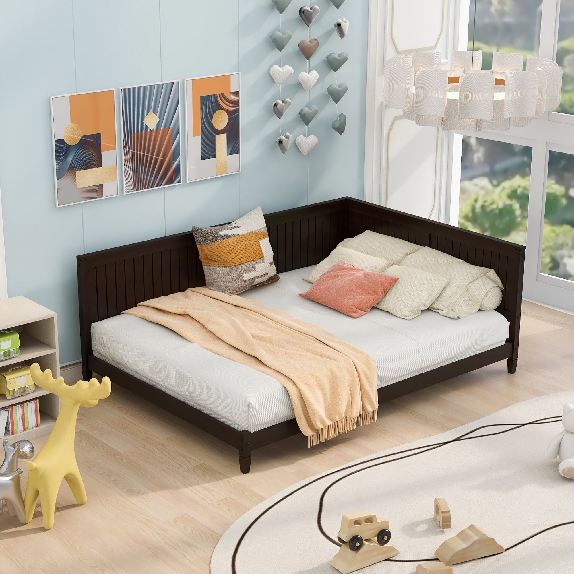 Leumius Full Size Wood Daybed,Wooden Sofa Bed with Headboard and Sideboard,Minimalist Floor Sofa Bed Frame for Bedroom Living Room,Espresso
