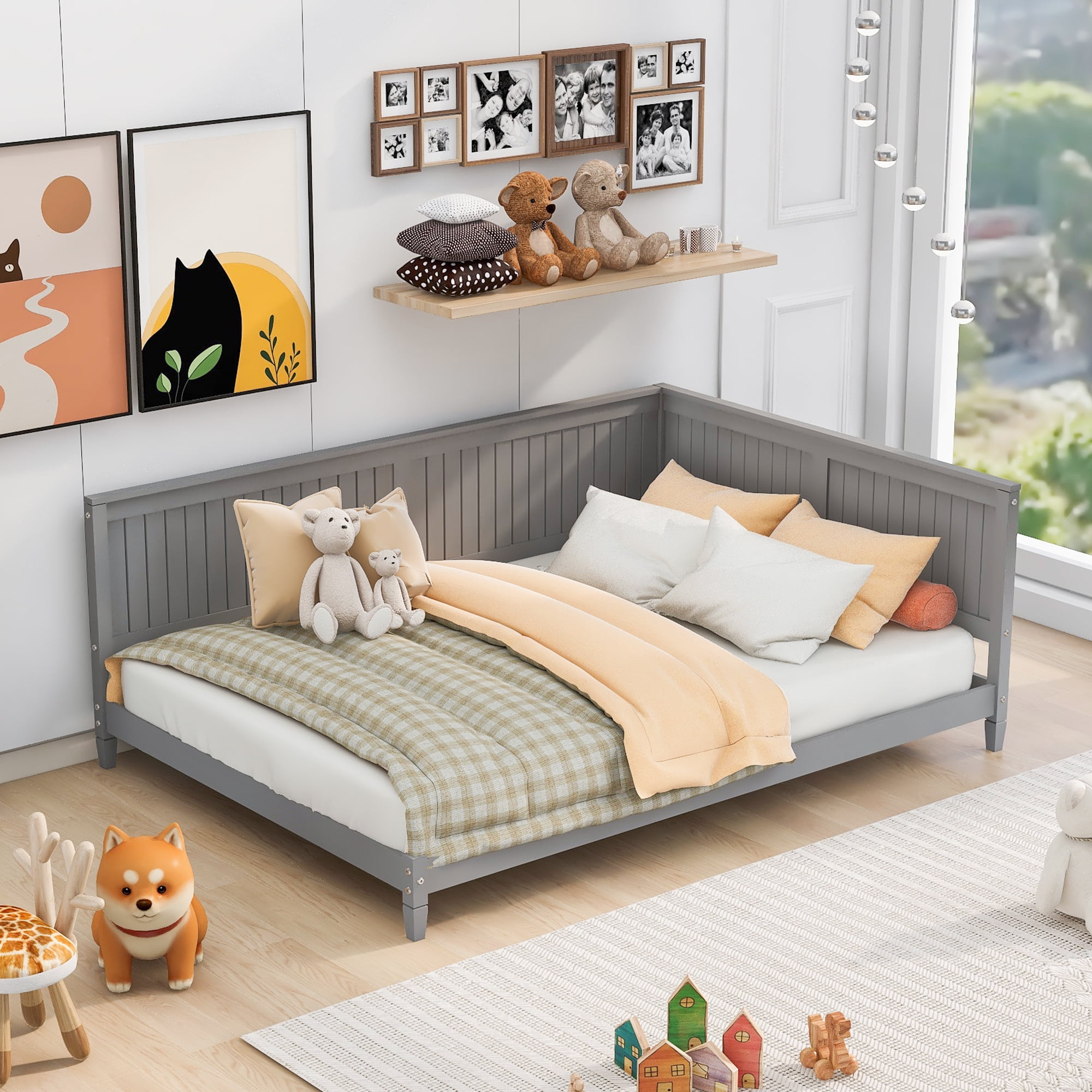 Leumius Full Size Wood Daybed,Wooden Sofa Bed with Headboard and Sideboard,Minimalist Floor Sofa Bed Frame for Bedroom Living Room,Gray