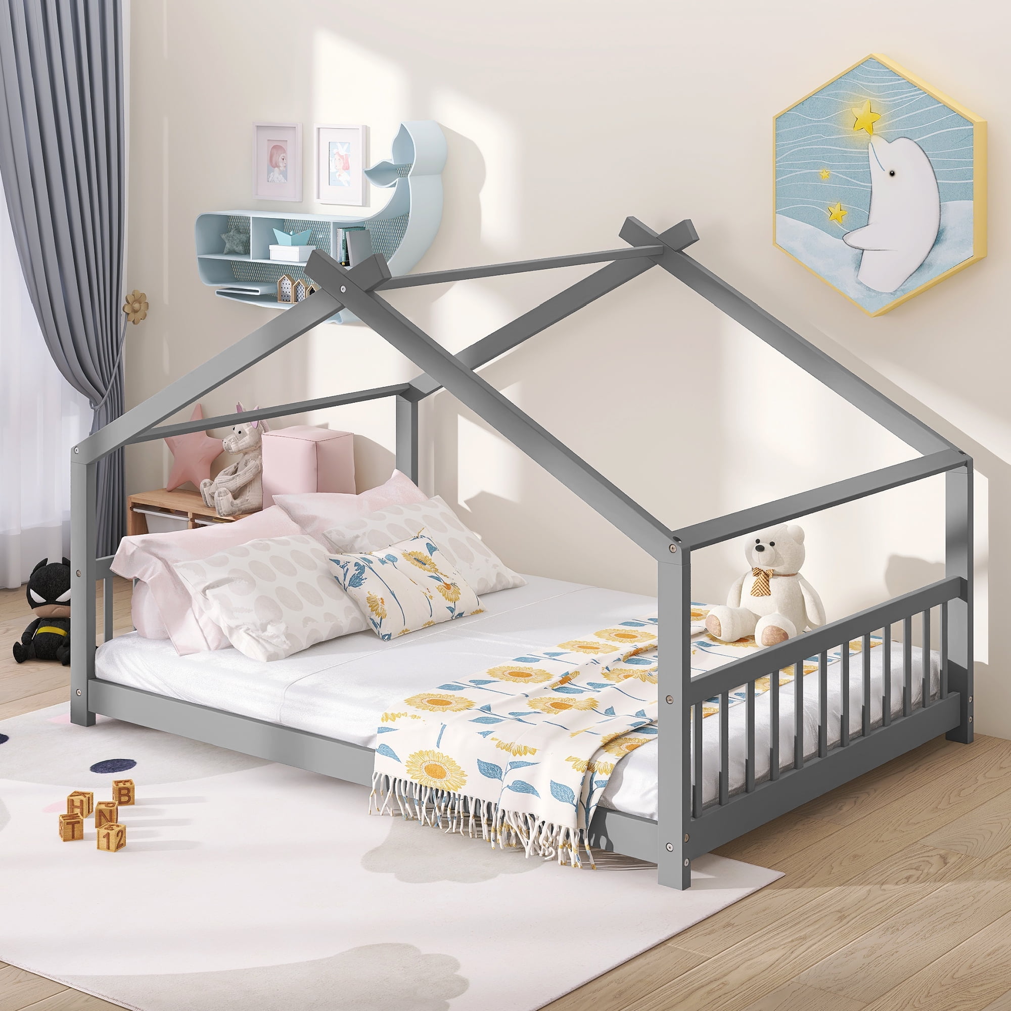 Leumius Full Size Wood House Bed for Kids,Montessori Floor Bed Frame with Headboard and Footboard,Playhouse Bed for Girls Boys(Full, Gray)