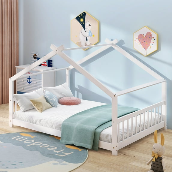 Leumius Full Size Wood House Bed for Kids,Montessori Floor Bed Frame with Headboard and Footboard,Playhouse Bed for Girls Boys(Full, White)