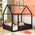 thumbnail image 1 of Leumius Full Size Wood House Bed with Fence & Roof,Montessori Bed Floor Bed with Safety Guardrails for Boys & Girls,Espresso, 1 of 9