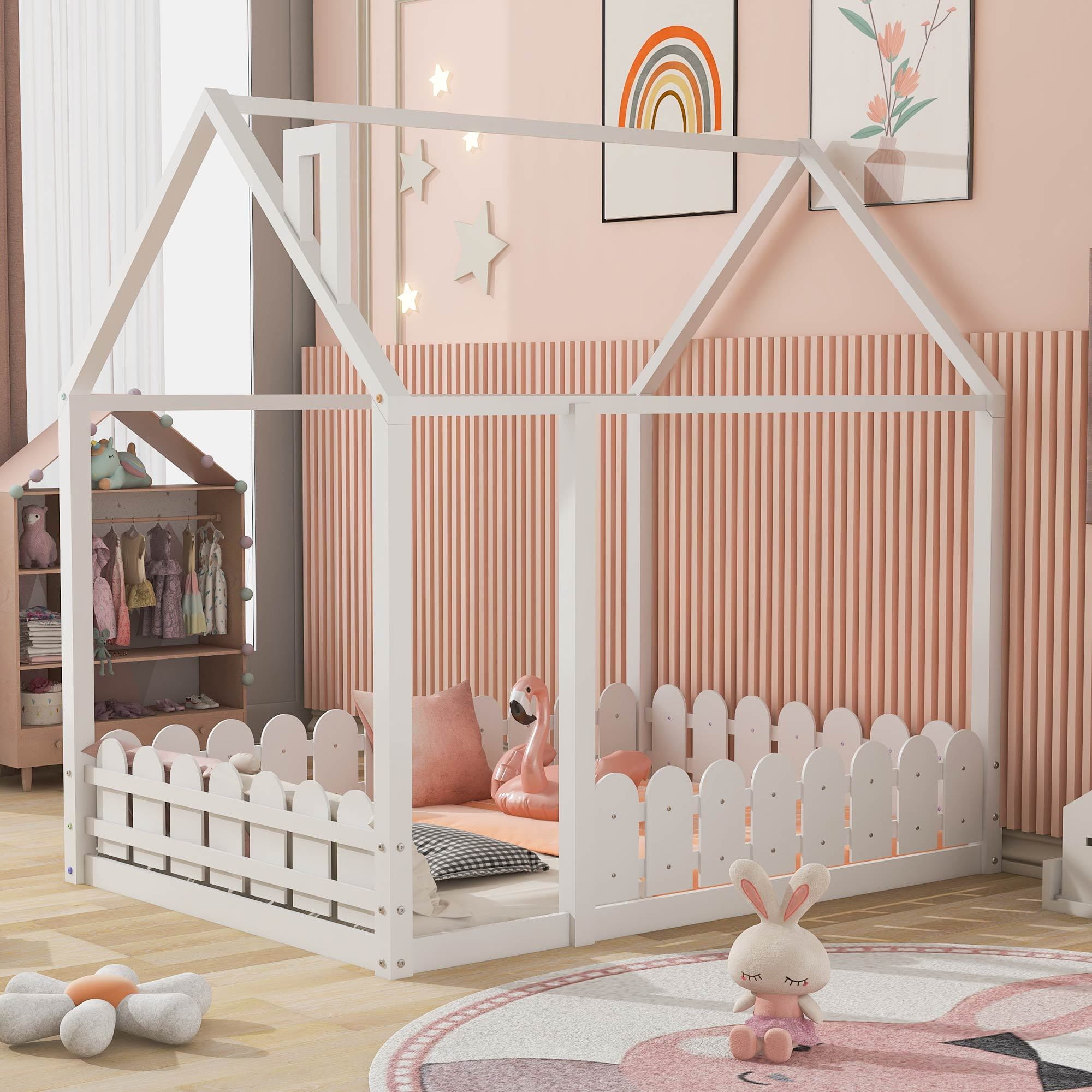 Leumius Full Size Wood House Bed with Fence & Roof,Montessori Bed Floor Bed with Safety Guardrails for Boys & Girls,White