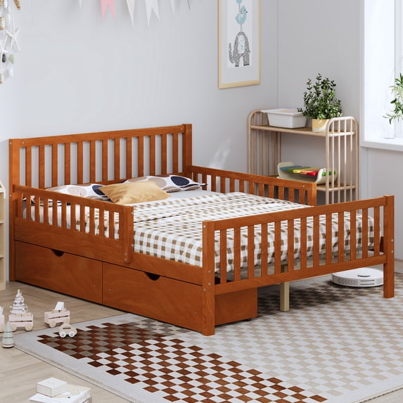 Leumius Full Size Wood Platform Bed with Guardrails on Both Sides and Two Storage Drawers for Bedroom Guest Room Walnut