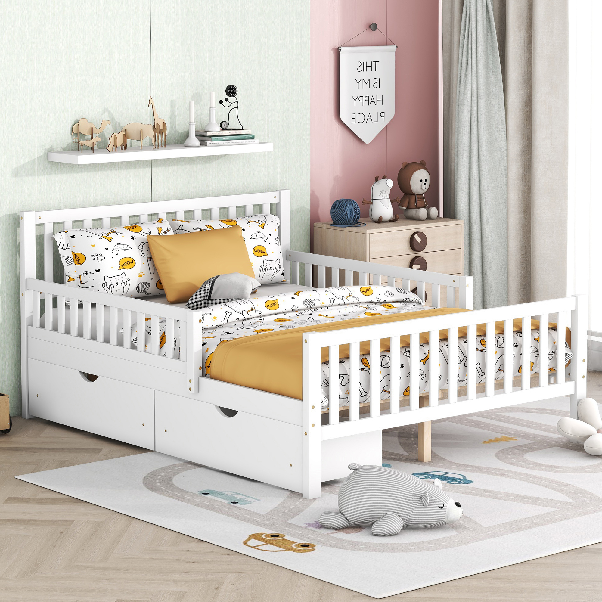 Leumius Full Size Wood Platform Bed with Guardrails on Both Sides and Two Storage Drawers for Bedroom Guest Room White