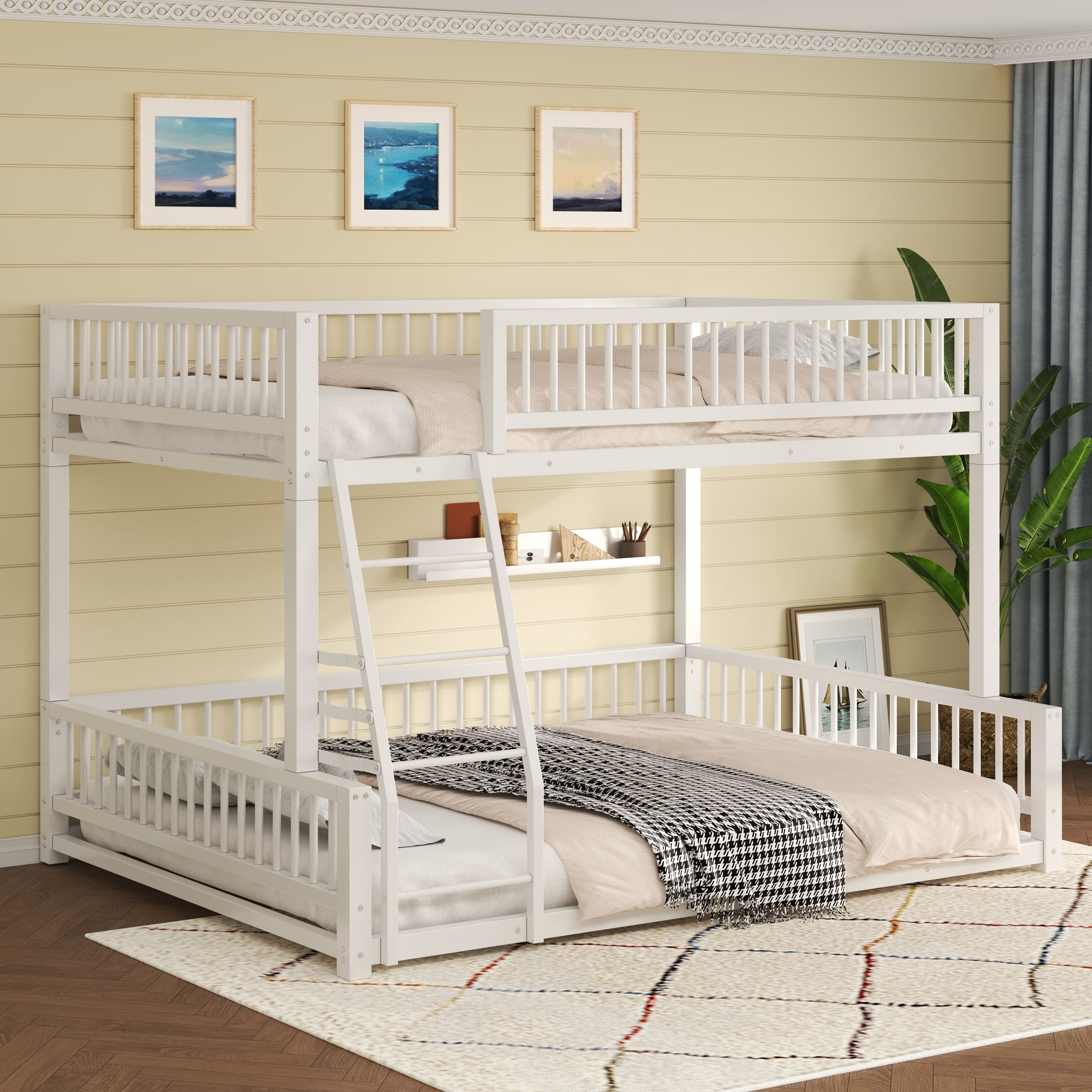 Leumius Full XL over Queen Bunk Bed,Heavy Duty Metal Bunk Beds for Adults and Kids,Floor Bed Frame with Ladder and Safety Guardrails, Easy Assemble,White