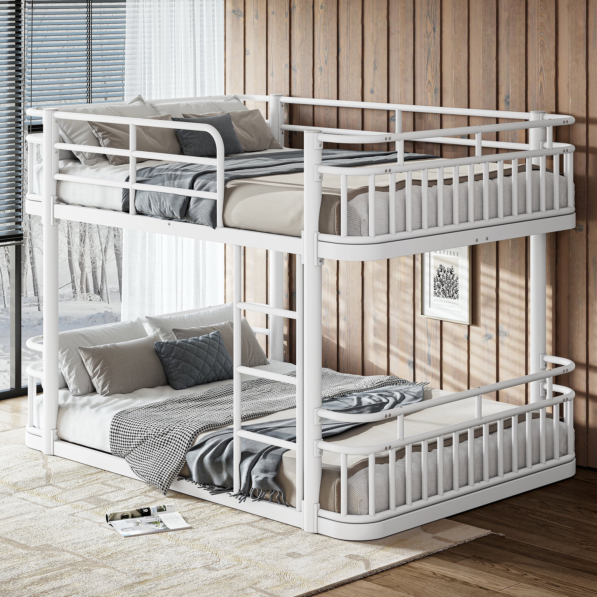 Leumius Full over Full Bunk Bed Frame with Ladders & Guardrails, Upgraded Round-Pipe Metal Frame, Stylish & Versatile for Any Room,White