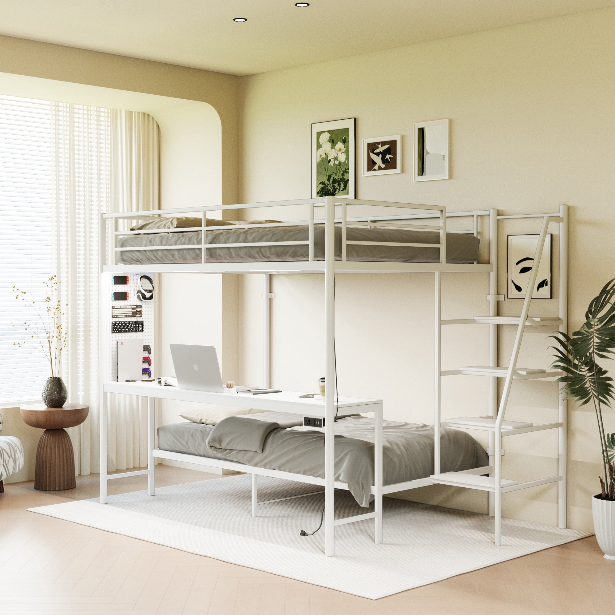 Leumius Full over Full Bunk Bed with Desk and Storage Stairs,Metal Bed Frame with Full Length Guardrails and Ladders, White