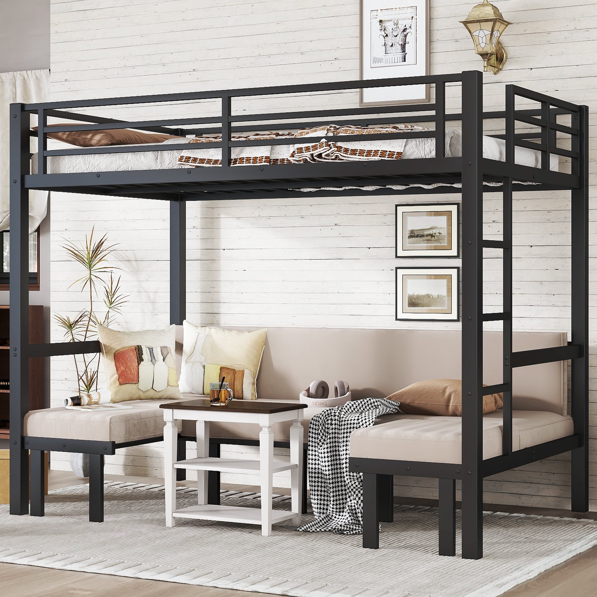Leumius Full over Full Metal Bunk Bed Frame with Guardrails and Ladders,Pull-Out Lower Bunk Bed Frame,Heavy-Duty Design,Black