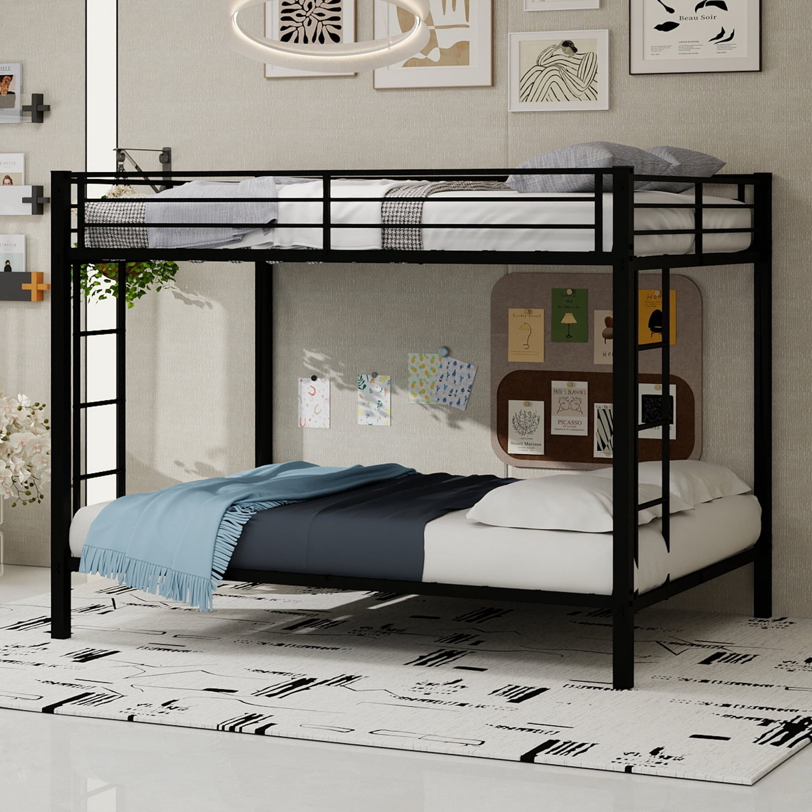 Leumius Full over Full Metal Bunk Bed Frame with Safety Rails & Ladders, Heavy-Duty Quiet Design for Teens and Adults,Black