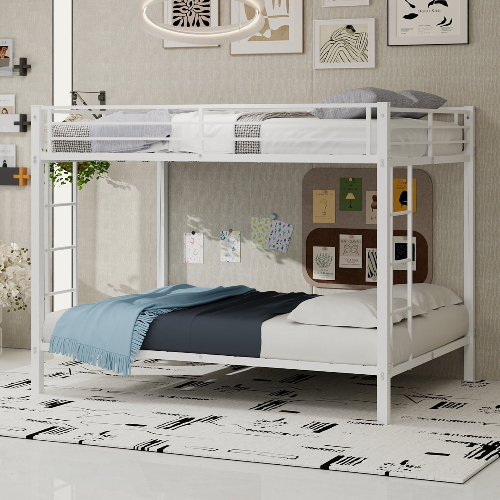Leumius Full over Full Metal Bunk Bed Frame with Safety Rails & Ladders, Heavy-Duty Quiet Design for Teens and Adults,White