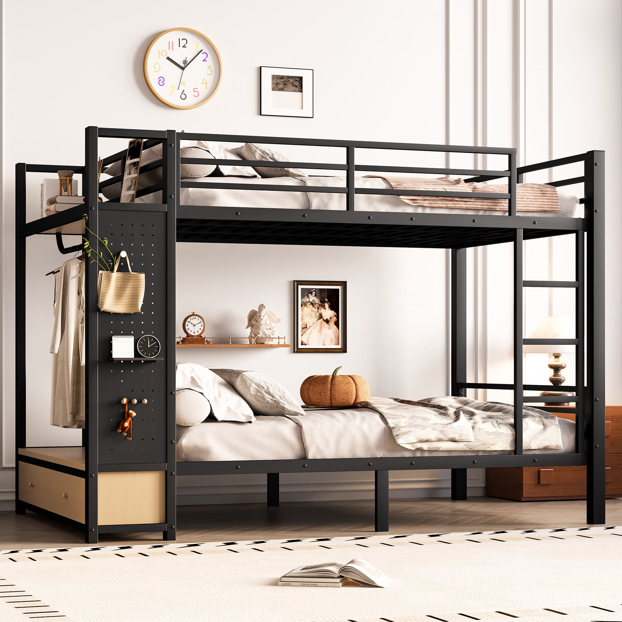 Leumius Full over Full Metal Bunk Bed with Built-in Wardrobe,Heavy Duty Loft Bed Frame with Storage Shelves,Drawers and Pegboard,Space-Saving,Black