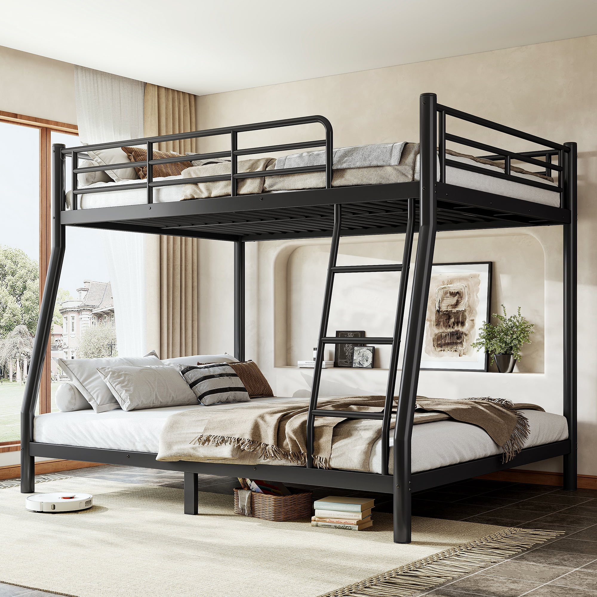 Leumius Full over Queen Metal Bunk Bed Frame with Dual Guardrails and Ladders, Heavy-Duty Quiet Design,Noise-Reduced,Black