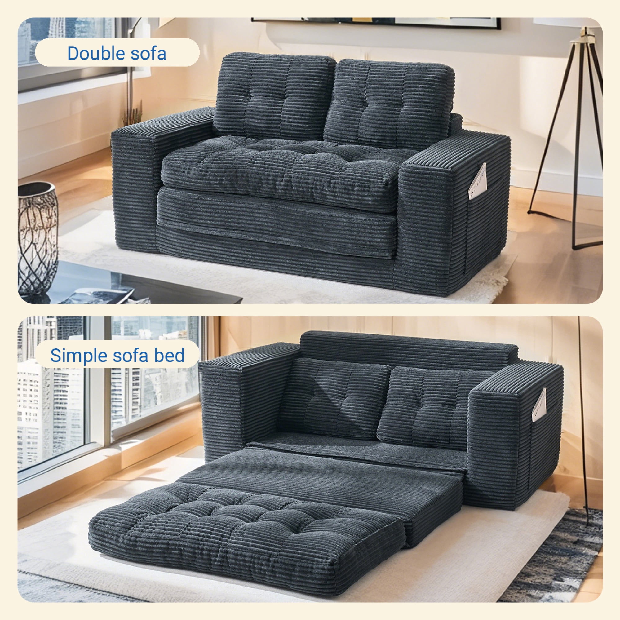 Leumius Futon Sofa Bed,2-in-1 Folding Sofa Bed with Memory Foam & Steel Frame,Corduroy Fabric Boneless Floor Sofa for Small Spaces, Apartments, Home Office & Bedroom,Black