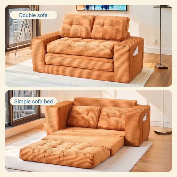 Leumius Futon Sofa Bed,2-in-1 Folding Sofa Bed with Memory Foam & Steel Frame,Corduroy Fabric Boneless Floor Sofa for Small Spaces, Apartments, Home Office & Bedroom,Orange