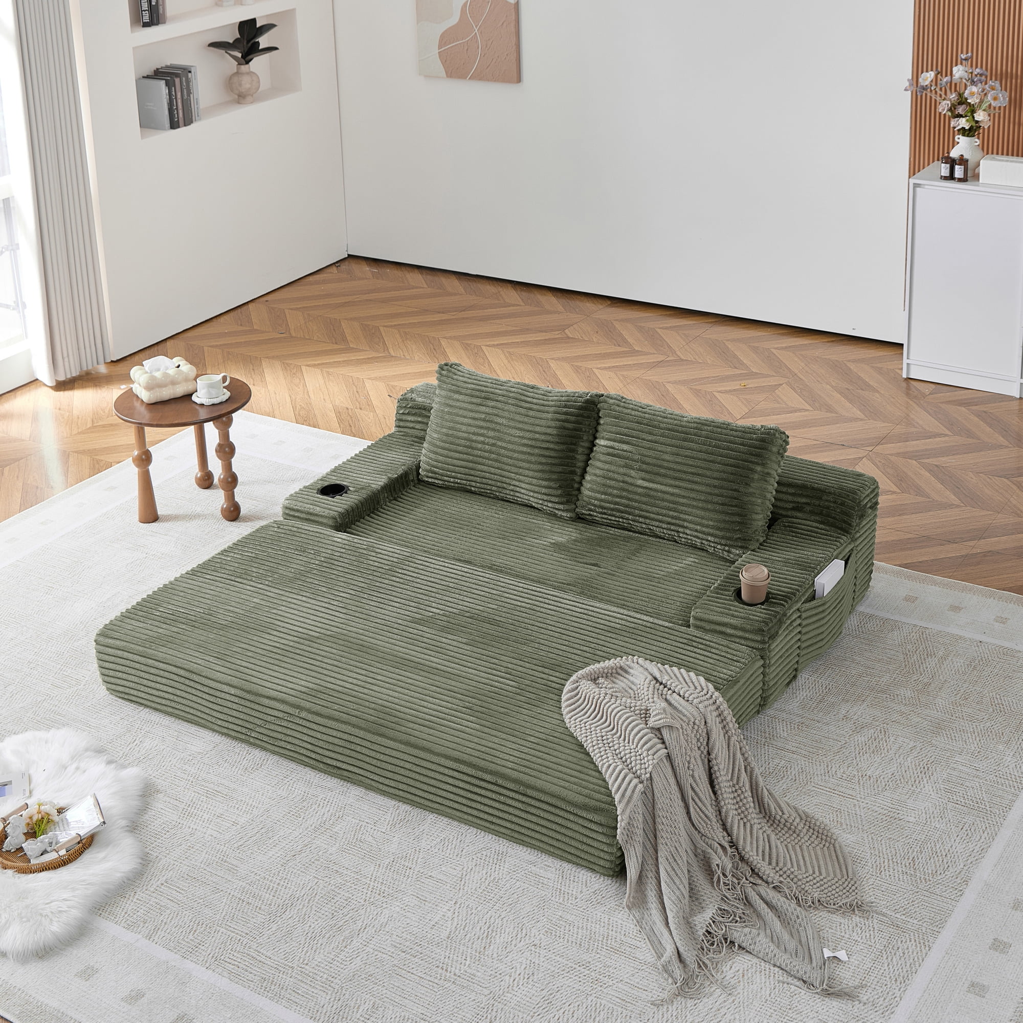 Leumius Futon Sofa Bed,Convertible Corduroy Boneless Couch with Cup Holders & Pocket,2-in-1 Foldable Sleeper Sofa for Living Room, Small Spaces, Bedroom, No Assembly,Green