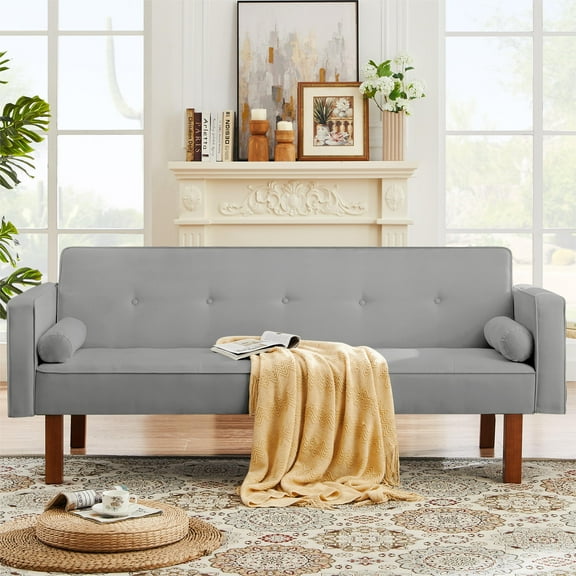 Leumius Futon Sofa Bed Convertible Couch Bed with Armrests Modern Living Room Linen Sofa Bed,Light Gray