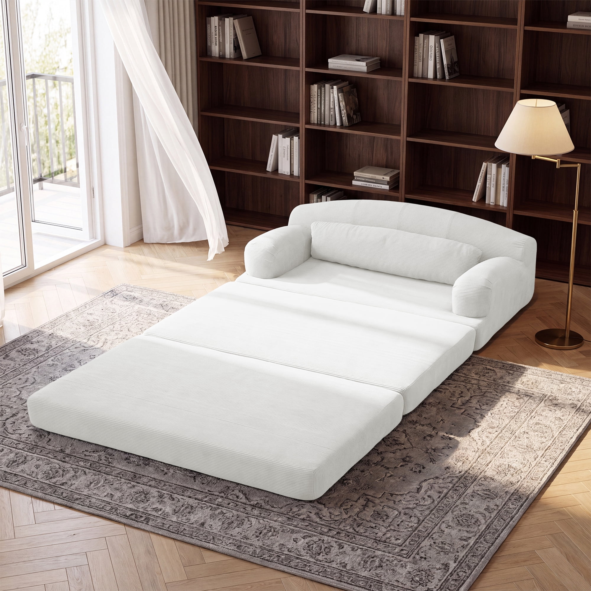 Leumius Futon Sofa Bed, Convertible Sofa Bed,Folding Boneless Couches,Low-Profile Boneless Couch for Living Room,15.8" H Low Seat Small 57" Foldable Floor Sleeper Mattress Lounge Space‑Saving,White