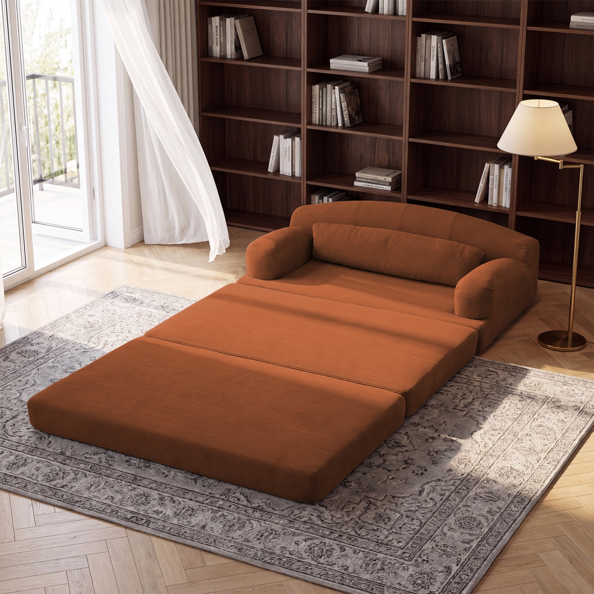 Leumius Futon Sofa Bed, Convertible Sofa Bed,Folding Boneless Couches,Low-Profile Boneless Couch for Living Room,15.8" H Low Seat Small 57" Foldable Floor Sleeper Mattress Lounge Space‑Saving,Orange