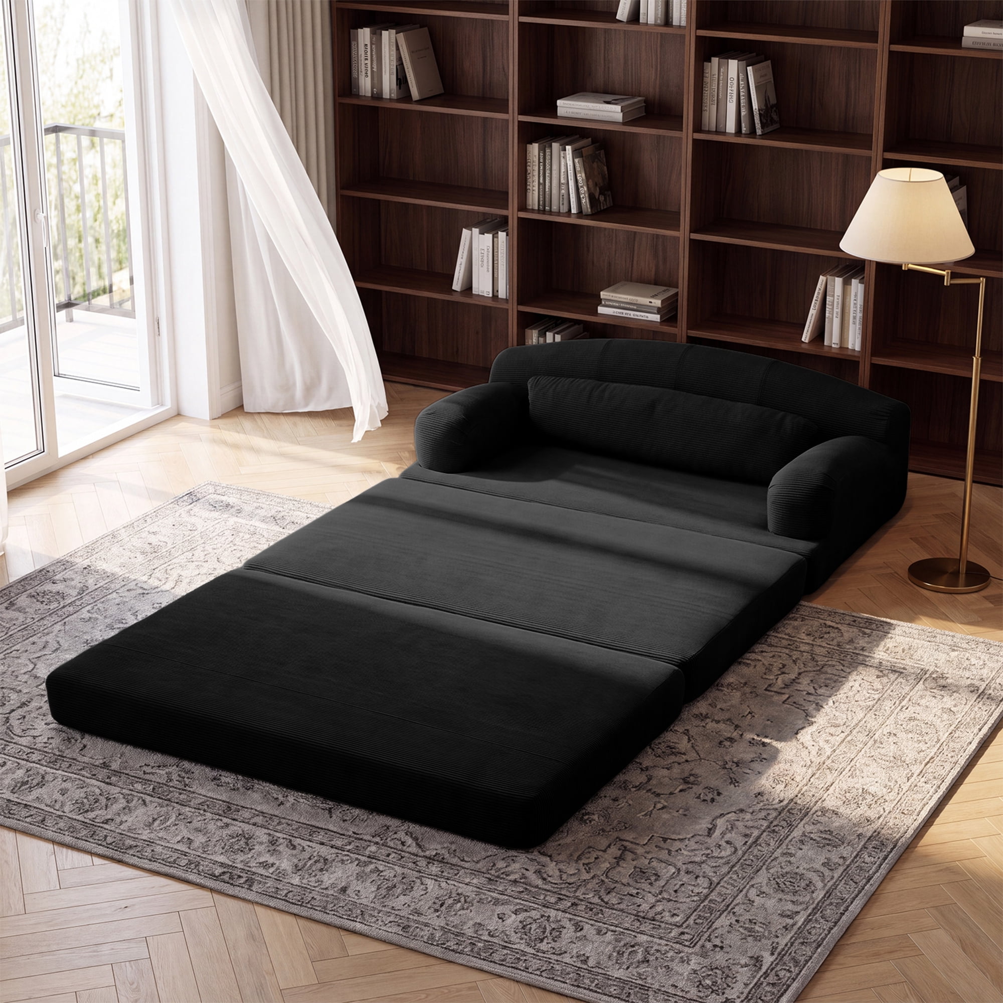 Leumius Futon Sofa Bed, Convertible Sofa Bed,Folding Boneless Couches,Low-Profile Boneless Couch for Living Room,15.8" H Low Seat Small 57" Foldable Floor Sleeper Mattress Lounge Space‑Saving,Black