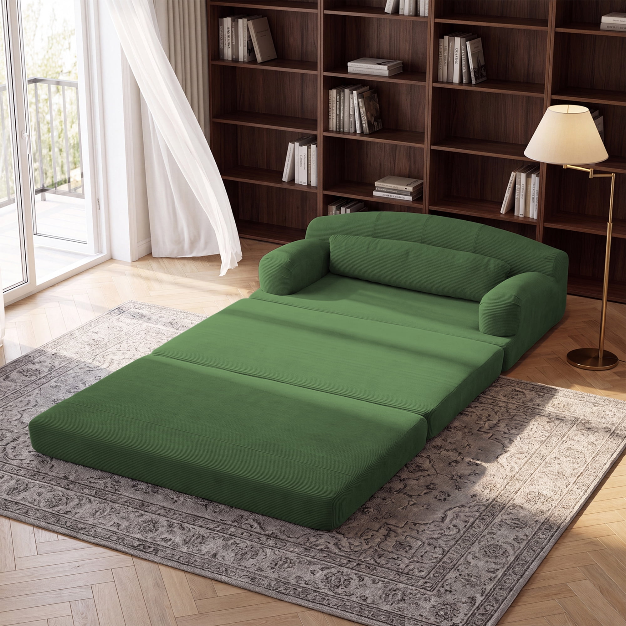 Leumius Futon Sofa Bed, Convertible Sofa Bed,Folding Boneless Couches,Low-Profile Boneless Couch for Living Room,15.8" H Low Seat Small 57" Foldable Floor Sleeper Mattress Lounge Space‑Saving,Green